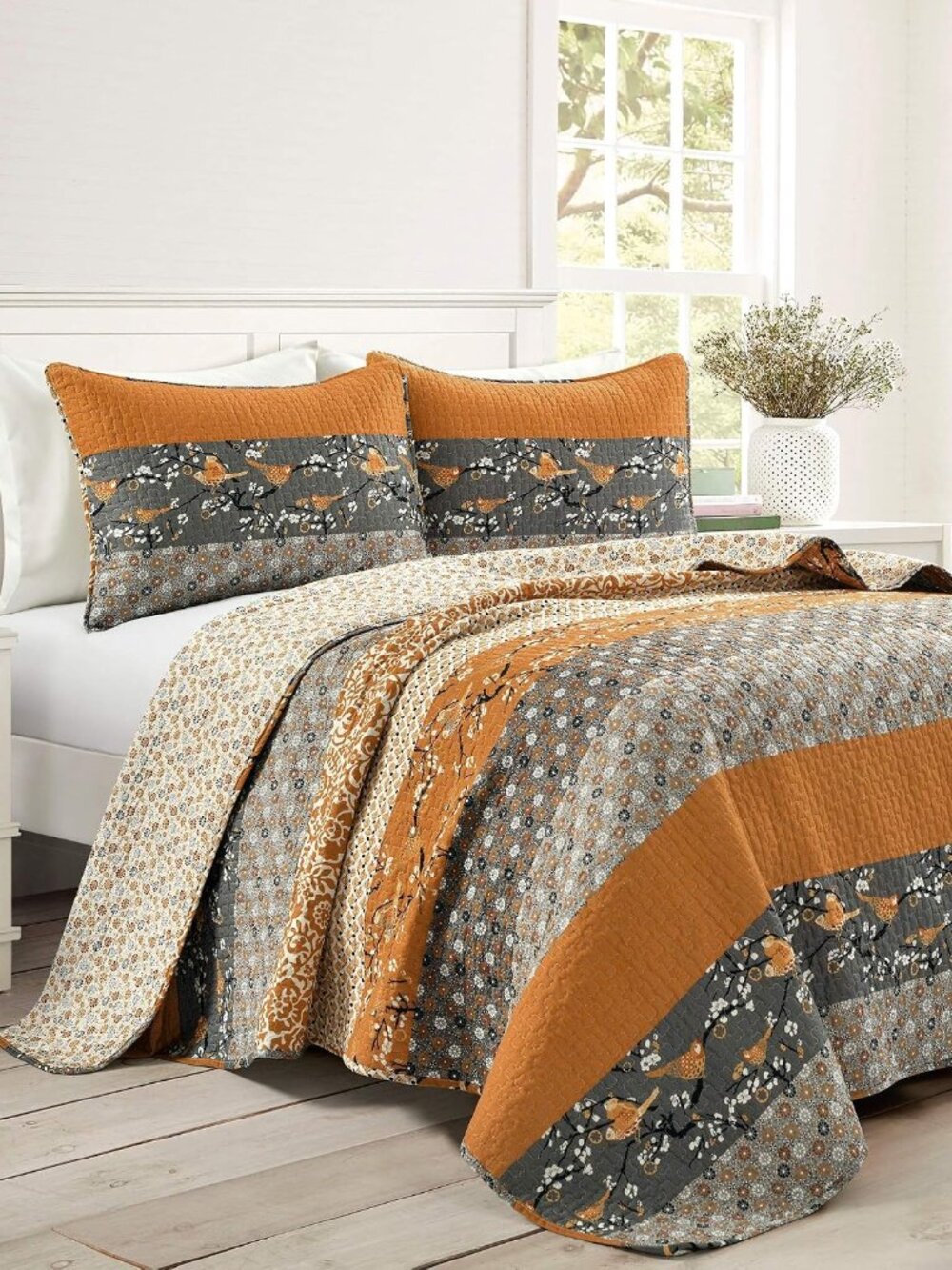 Royal Empire Reversible Cotton Quilt Set, 3 Piece Set Full/ Queen, Yellow & Gray